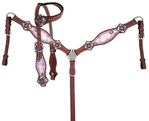 Showman PONY SIZE Donut print headstall and breast collar set with donut conchos